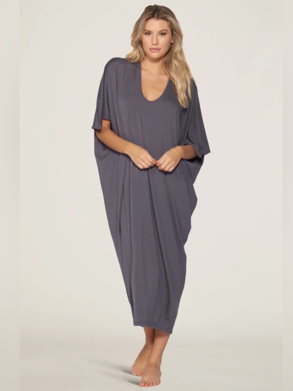 Barefoot Dreams Gray Luxe Milk Jersey Caftan Dress Dolman Sleeve- One Size Plus